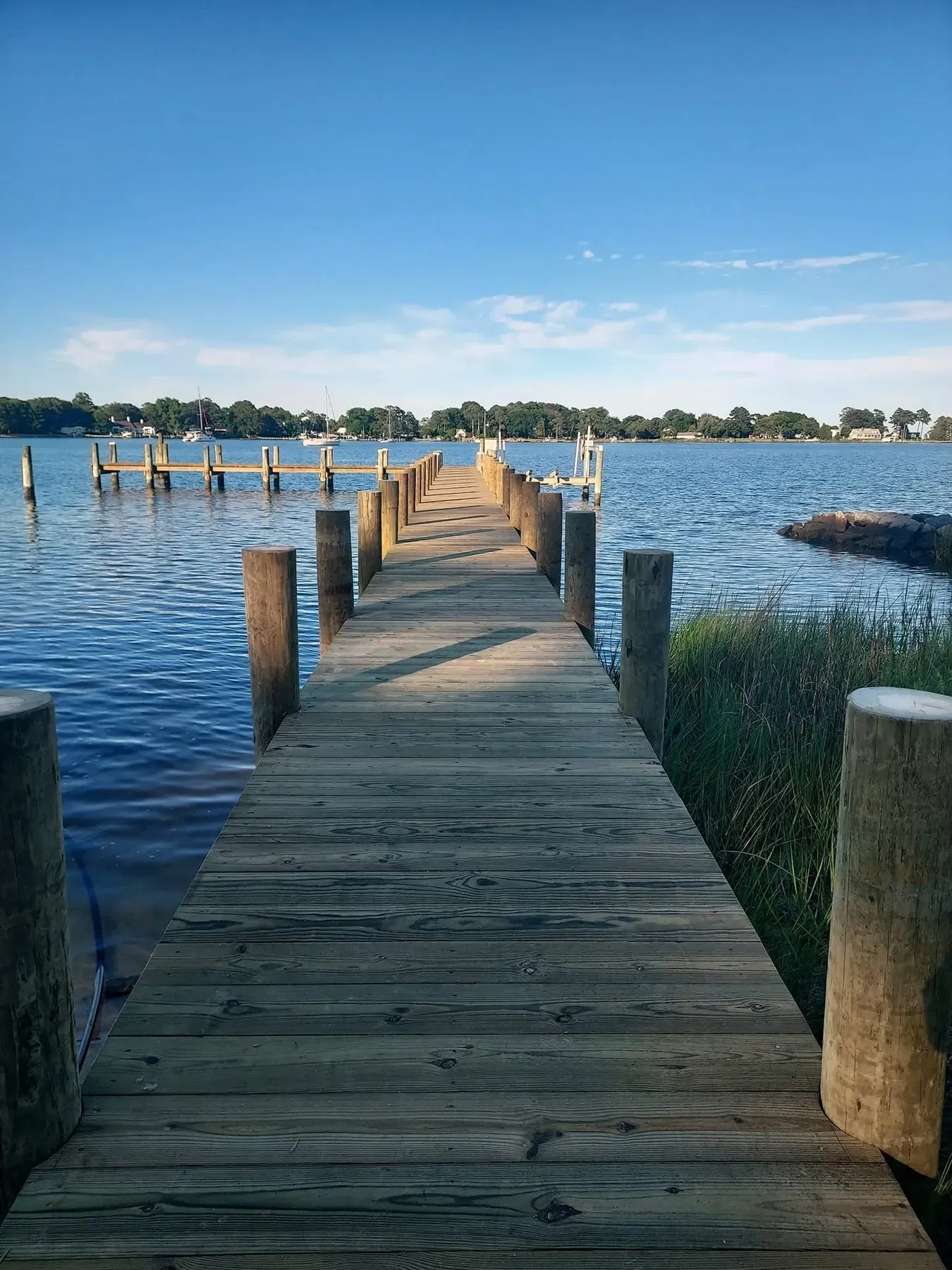 Pier running past marsh grass to open water